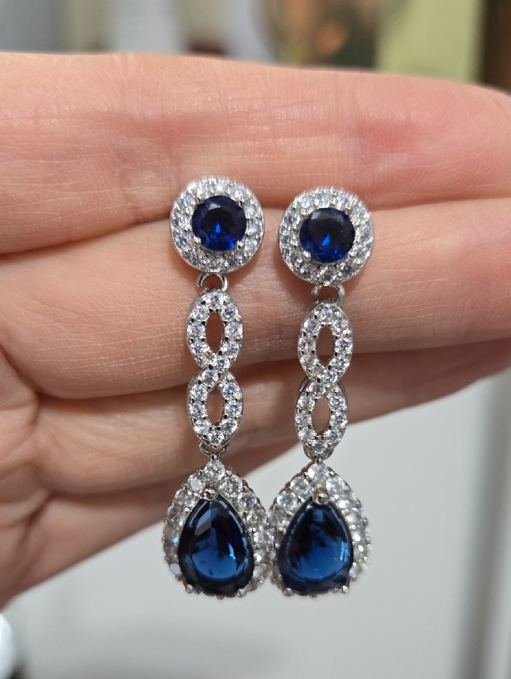 Elegant Blue Teardrop  Earrings with Crystal Halo